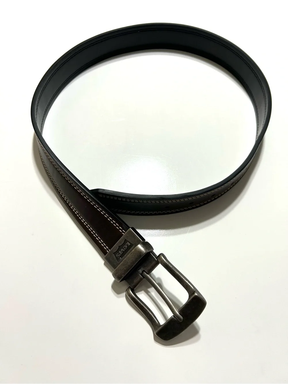 Levi's Men’s Dark Brown Leather Belt with Brushed Silver Buckle